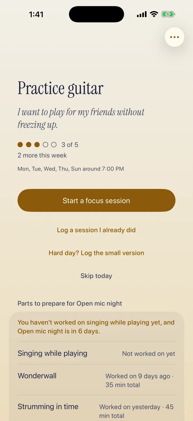A guitar practice goal, three of five sessions this week, with the parts to prepare for an open mic night and which one hasn't been worked on yet.