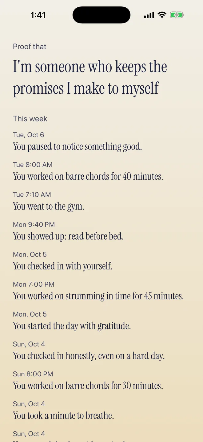 A list of this week's proof, such as “You worked on barre chords for 40 minutes” and “You went to the gym.”