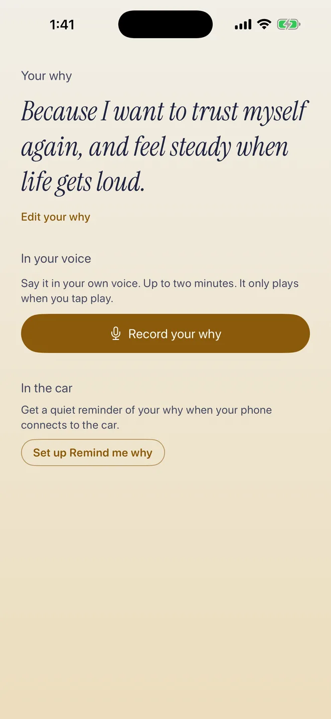The Your why screen with the written reason, a button to record it in your own voice, and a reminder for the car.